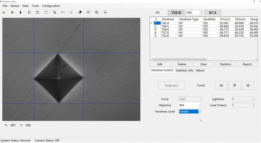 VickSoft Vickers hardness analysis software showing an indentation and results