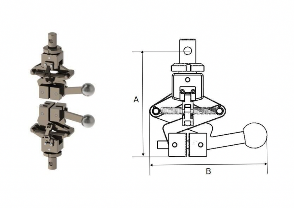 NextGen NG5203A self-tightening tensile grip, front view and dimensioned drawing