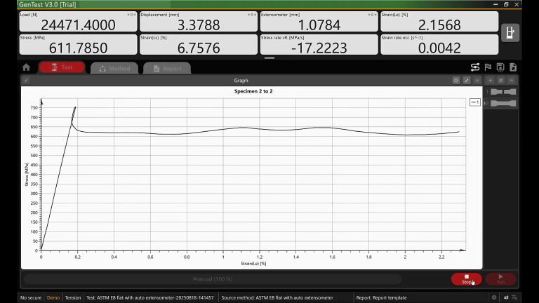 GenTest 3.0 live test screen with the stress strain curve drawing in real time beside the measured values