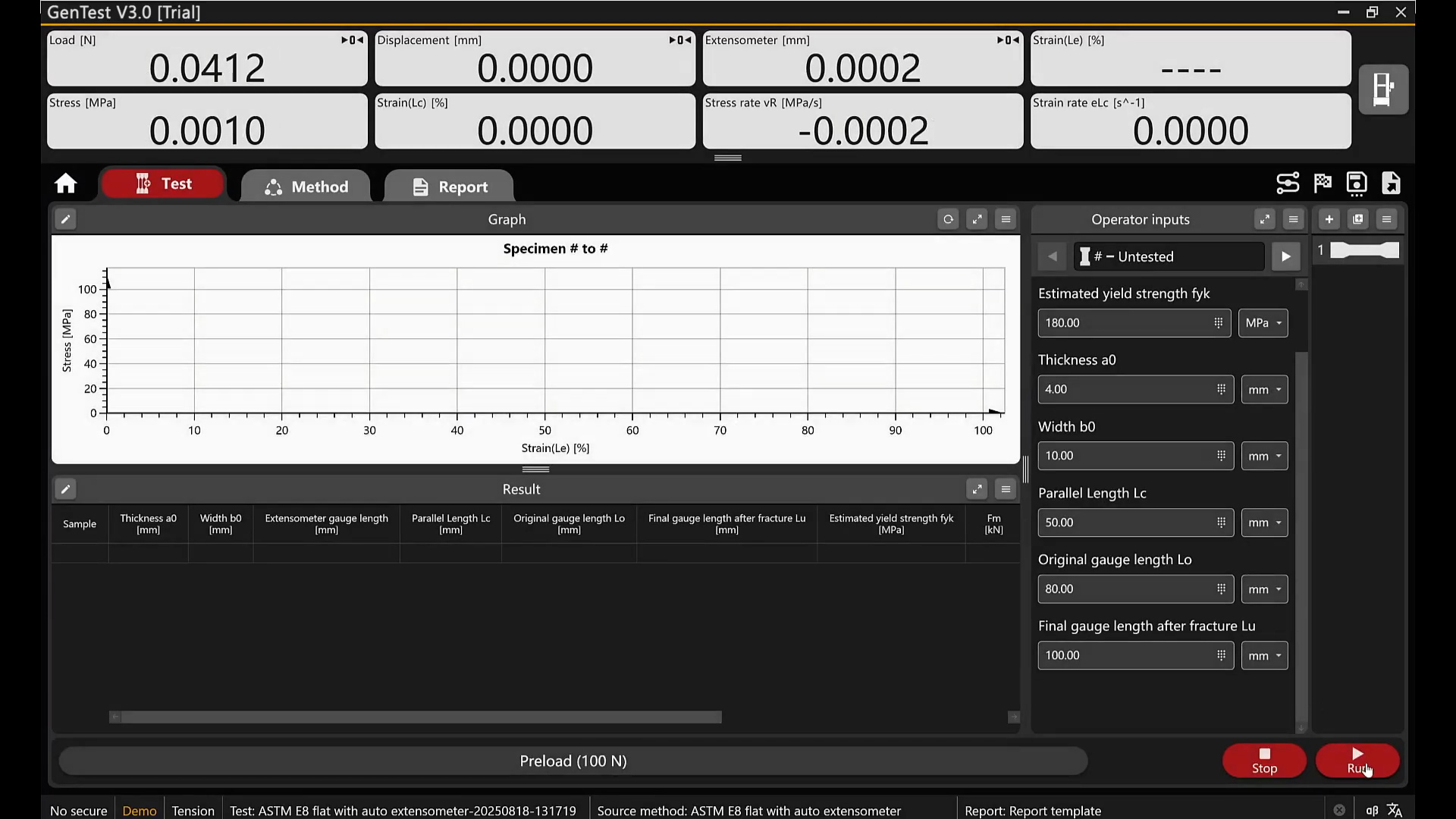 GenTest 3.0 test screen showing operator inputs, specimen parameters, and result table for tensile testing