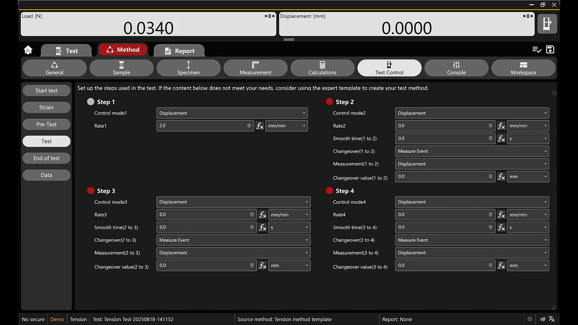 GenTest 3.0 test method control screen showing multi-step displacement-based test configuration