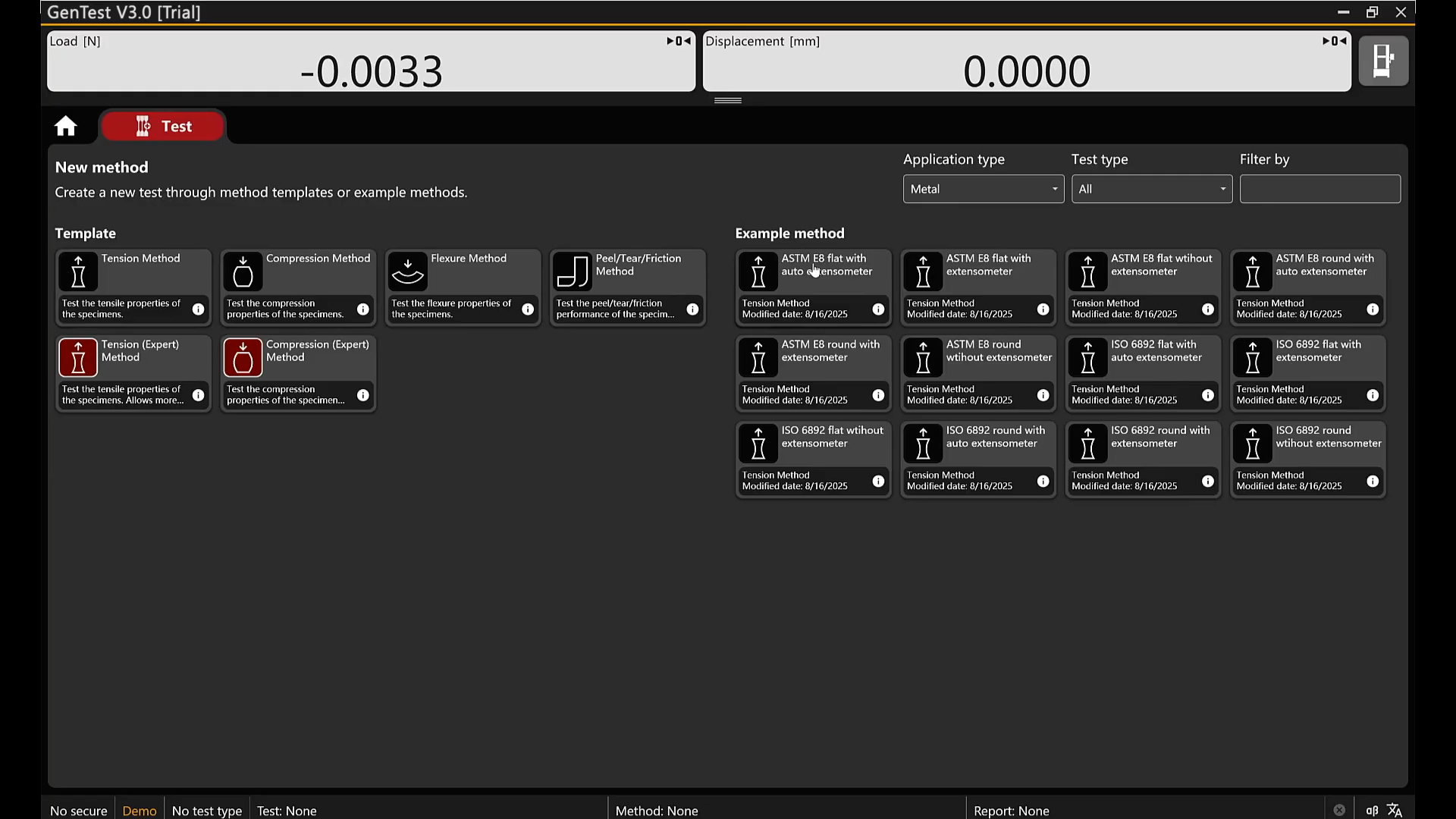 GenTest 3.0 test method library showing ASTM and ISO templates for tensile, compression and flexure testing