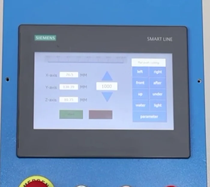 Colour touch screen showing X, Y and Z axis positions on the GenCut GL 120XY